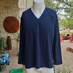 Van Laack Navy & White V Neck Long Sleeve Tshirt Business Class Lufthansa XL